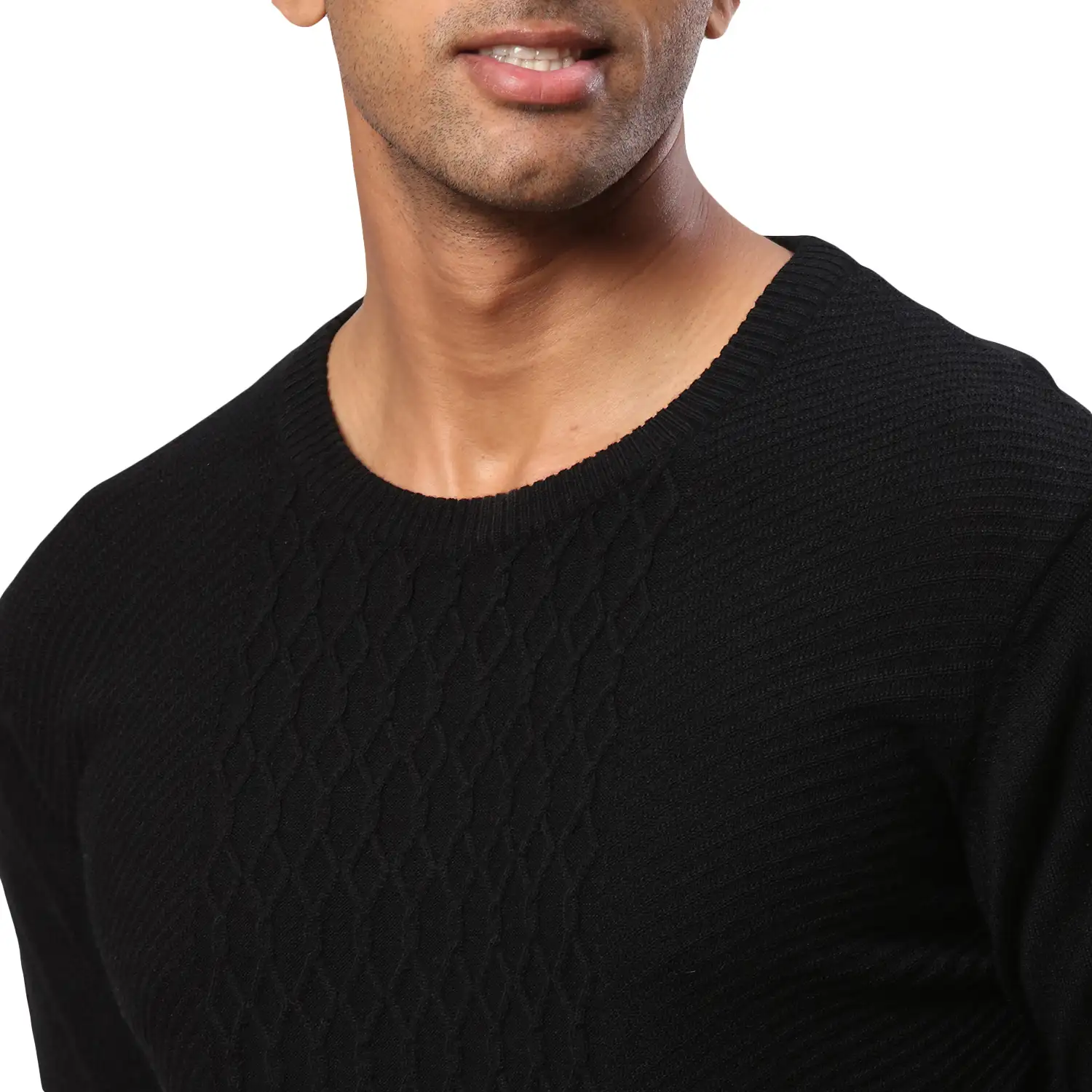 Men Black Structure Cable Acrylic Wool Blend Round Collar Sweaters - Image 6