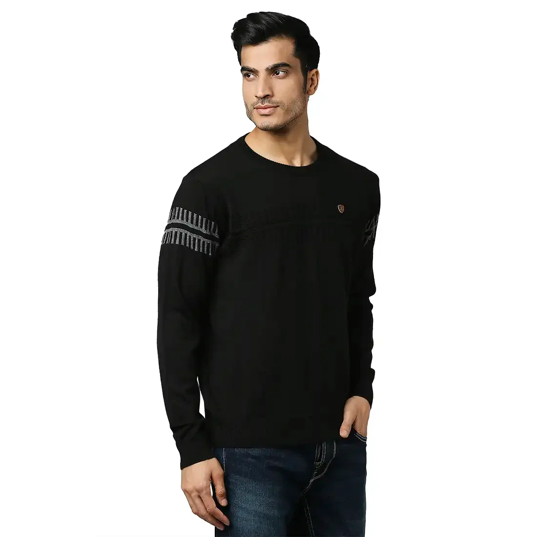 Men Black Structure Self Acrylic Wool Blend Round Collar Sweaters - Image 2