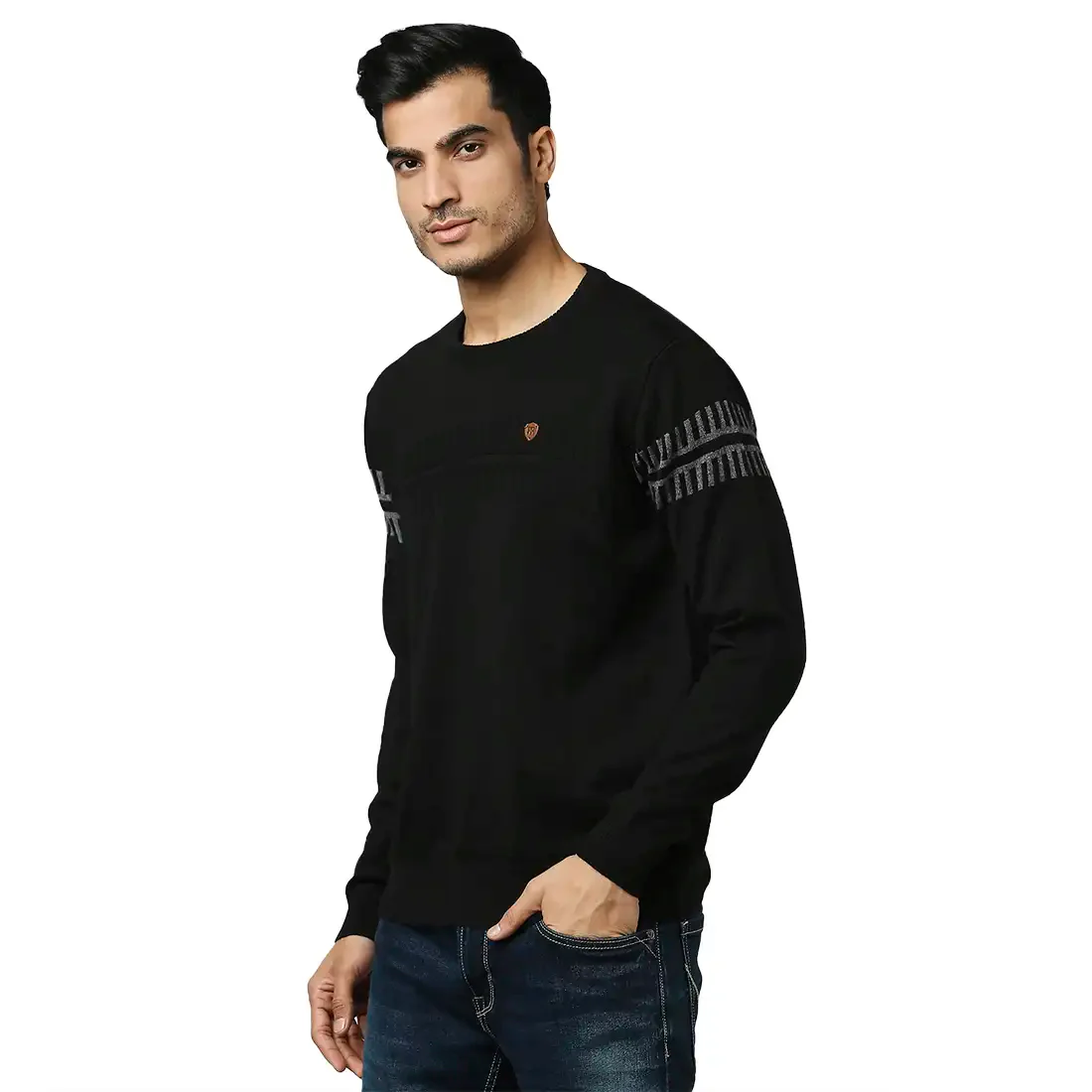 Men Black Structure Self Acrylic Wool Blend Round Collar Sweaters - Image 3