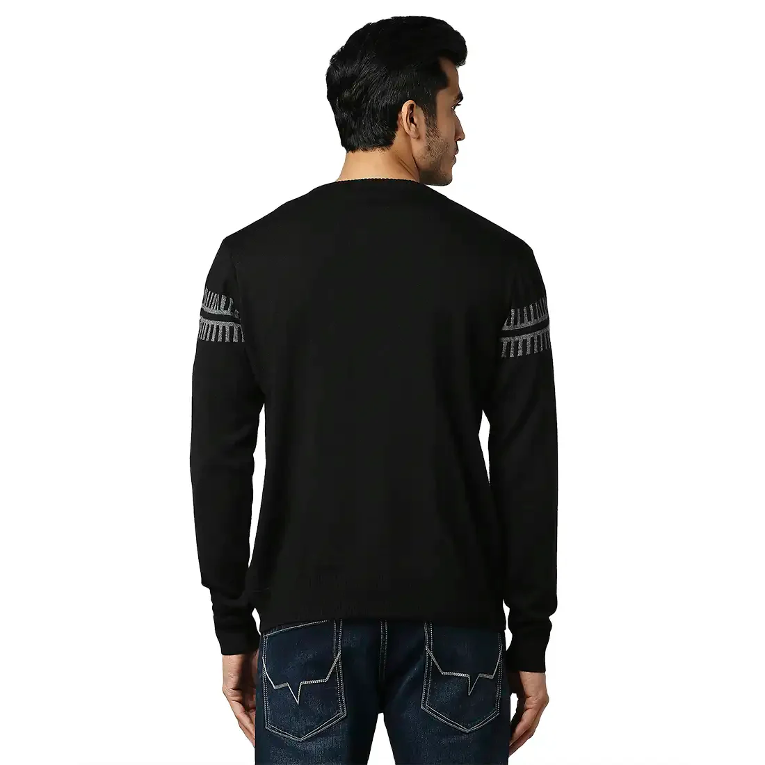 Men Black Structure Self Acrylic Wool Blend Round Collar Sweaters - Image 4