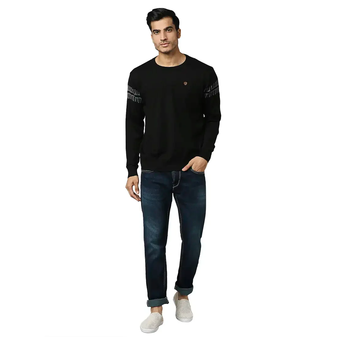 Men Black Structure Self Acrylic Wool Blend Round Collar Sweaters - Image 5