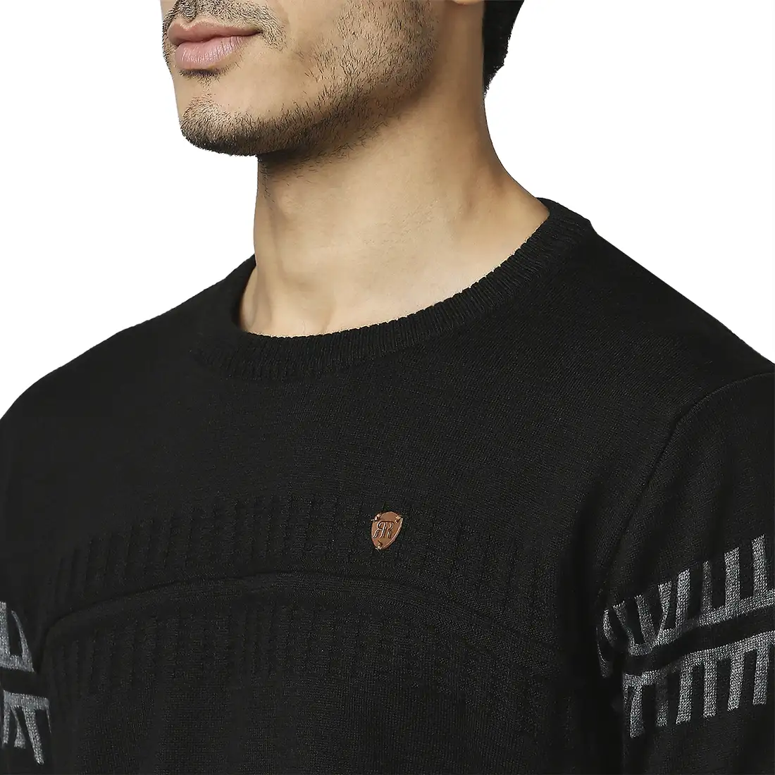 Men Black Structure Self Acrylic Wool Blend Round Collar Sweaters - Image 6