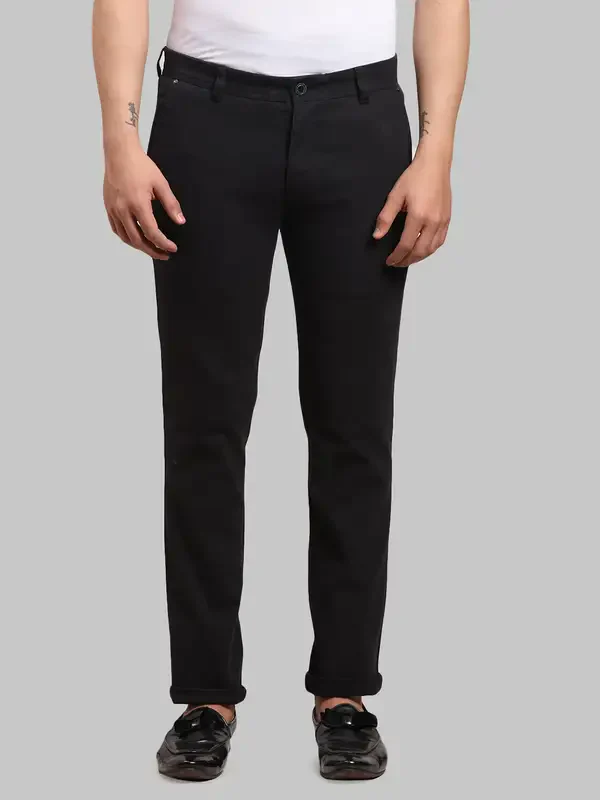 Men Black Super Slim Fit Solid Cotton Blend Trouser