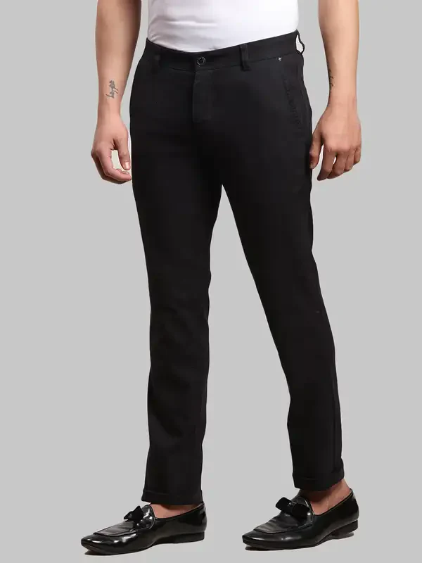 Men Black Super Slim Fit Solid Cotton Blend Trouser - Image 3
