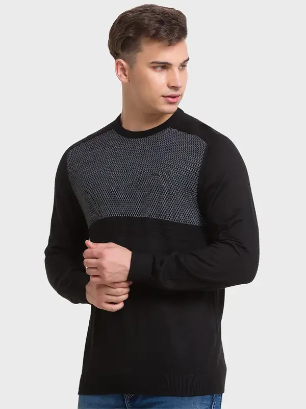Men Black Tailored Fit Jacquard Acrylic Merino Blend Full Sleeve V Neck Collar Sweaters - Image 3