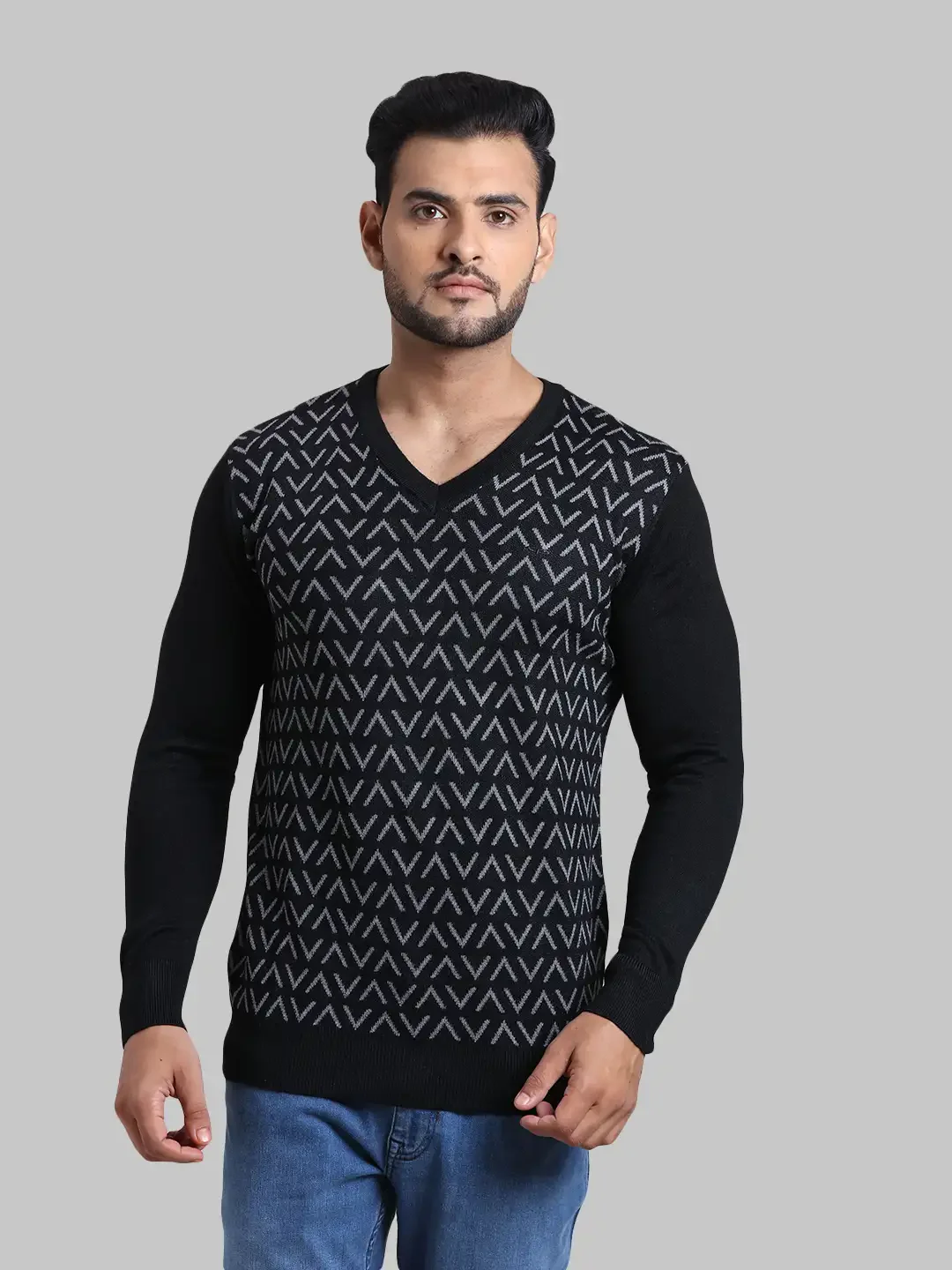 Men Black Tailored Fit Jacquard Acrylic Wool Blend Full Sleeve V Neck Collar Sweaters