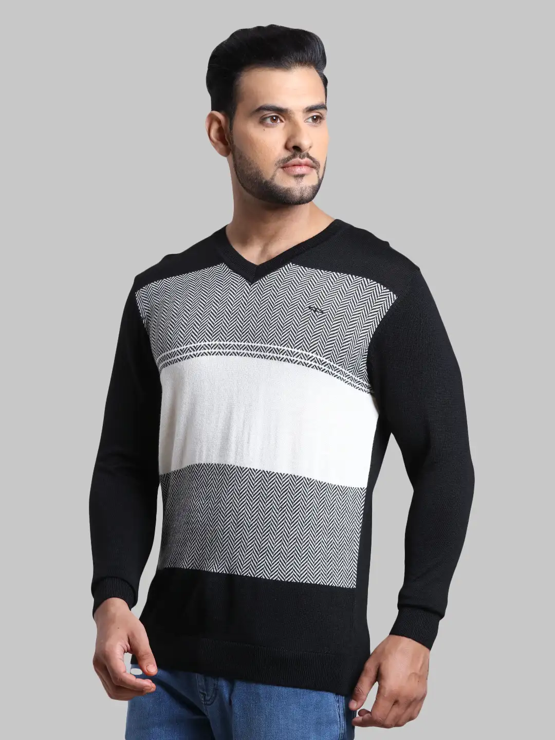 Men Black Tailored Fit Jacquard Acrylic Wool Blend Full Sleeve V Neck Collar Sweaters - Image 3