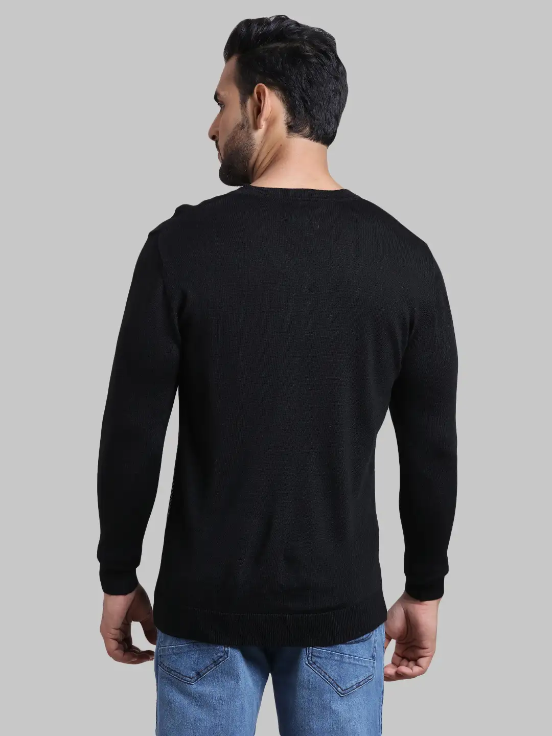 Men Black Tailored Fit Jacquard Acrylic Wool Blend Full Sleeve V Neck Collar Sweaters - Image 4