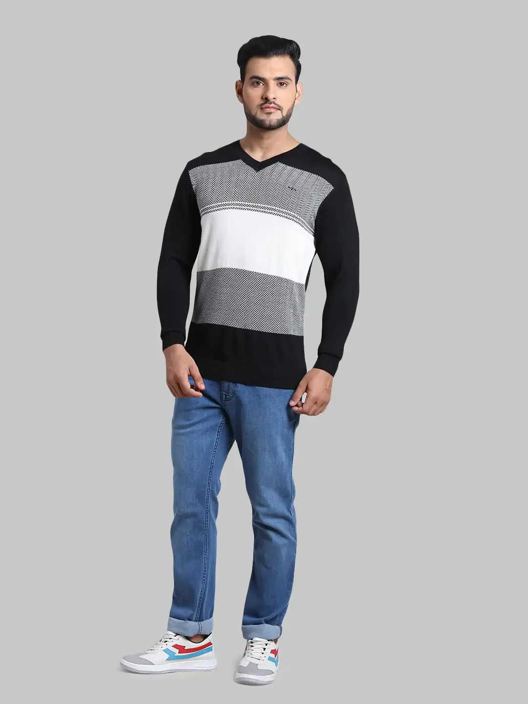 Men Black Tailored Fit Jacquard Acrylic Wool Blend Full Sleeve V Neck Collar Sweaters - Image 5