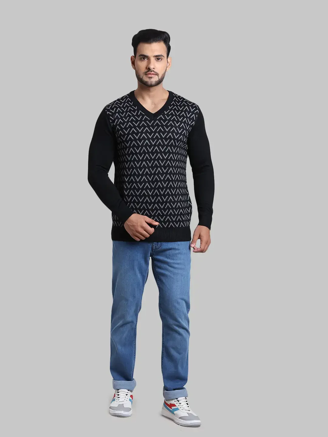 Men Black Tailored Fit Jacquard Acrylic Wool Blend Full Sleeve V Neck Collar Sweaters - Image 5