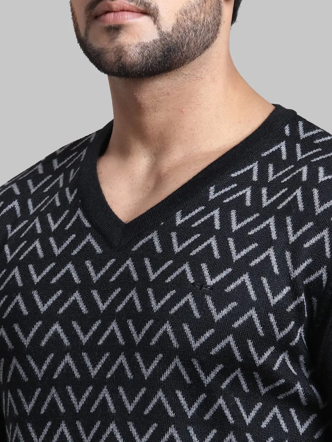 Men Black Tailored Fit Jacquard Acrylic Wool Blend Full Sleeve V Neck Collar Sweaters - Image 6