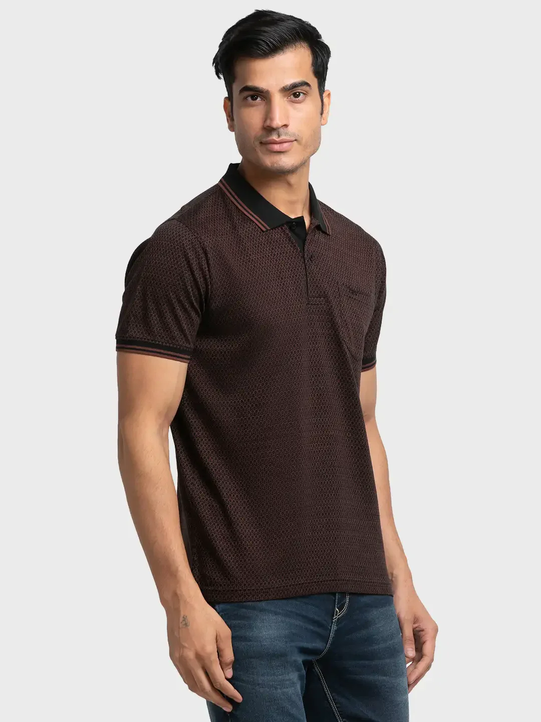 Men Black Tailored Fit Jacquard Cotton Half Sleeve T-Shirt - Image 2