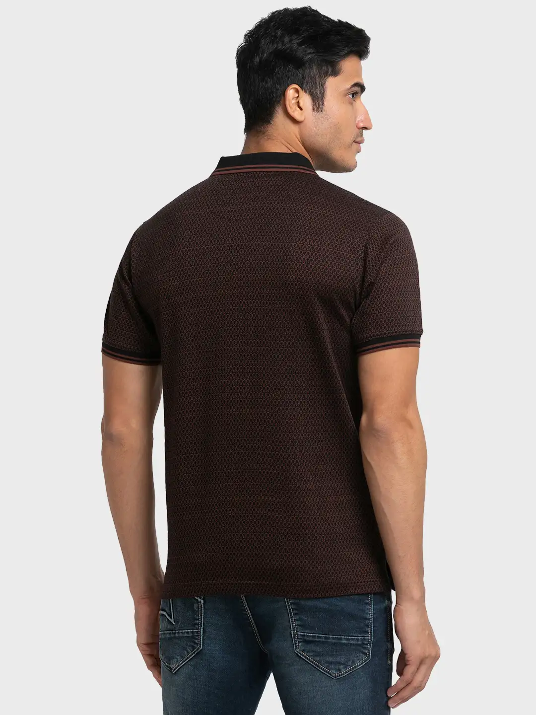 Men Black Tailored Fit Jacquard Cotton Half Sleeve T-Shirt - Image 4