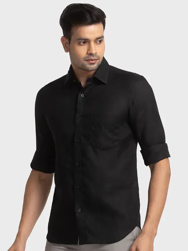 Men Black Tailored Fit Piece Dyed Linen Full Sleeve Shirts - Image 3