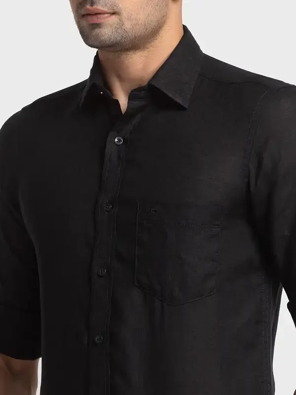 Men Black Tailored Fit Piece Dyed Linen Full Sleeve Shirts - Image 6