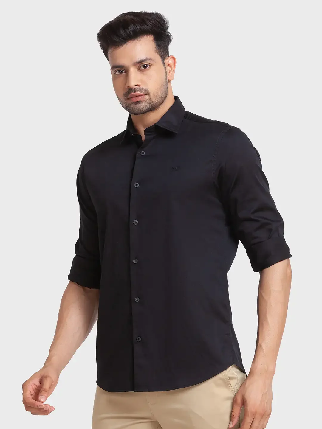 Men Black Tailored Fit Solid Cotton Blend Full Sleeve Shirts - Image 3