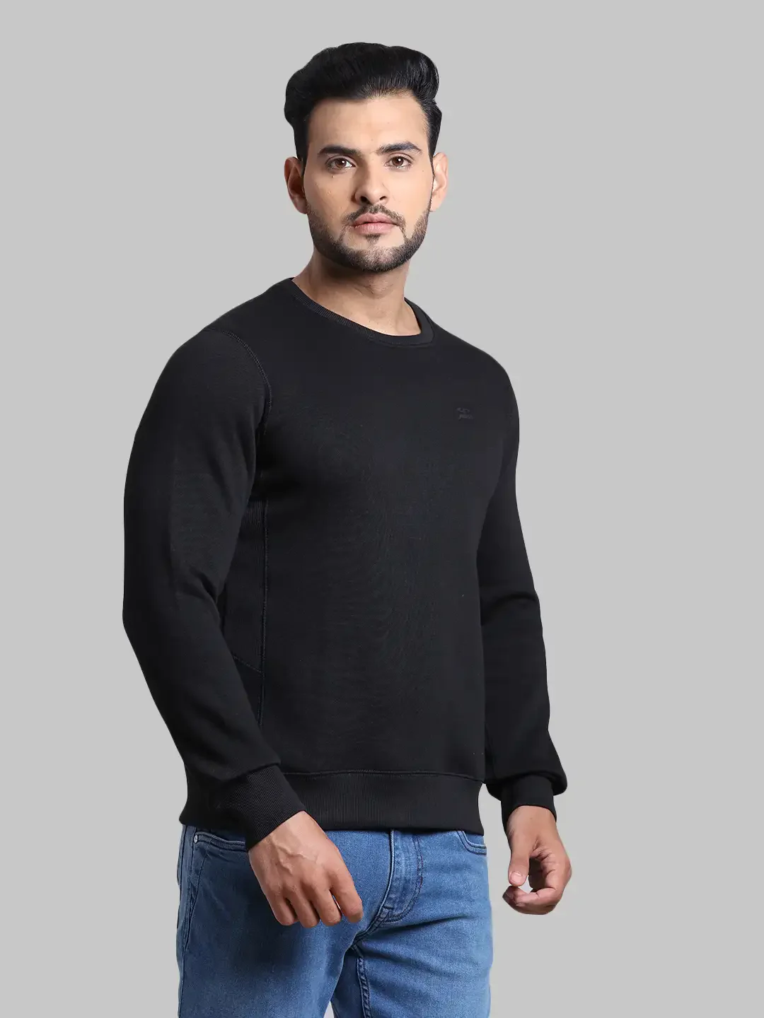 Men Black Tailored Fit Solid Cotton Polyester Blend Full Sleeve Round Collar Sweatshirts - Image 2