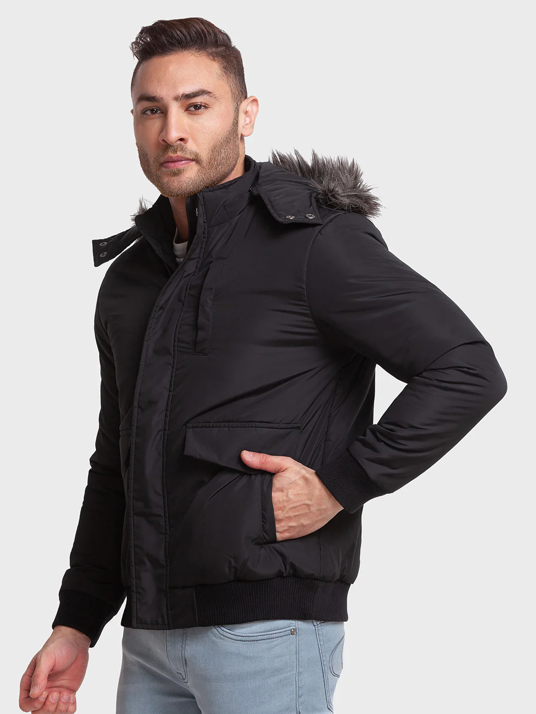 Men Black Tailored Fit Solid Polyester Full Sleeve Jackets - Image 3