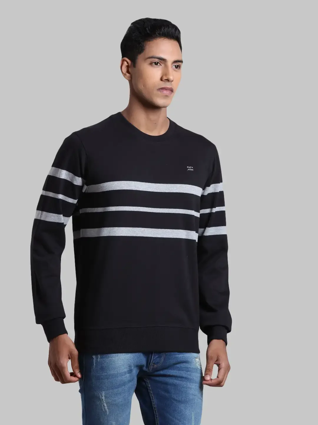 Men Black Tailored Fit Stripe Cotton Full Sleeve Round Collar Sweatshirts - Image 2