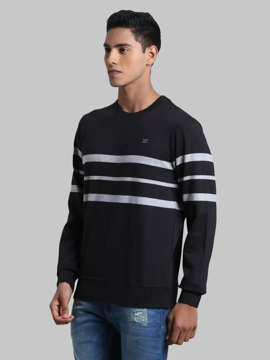 Men Black Tailored Fit Stripe Cotton Full Sleeve Round Collar Sweatshirts - Image 3
