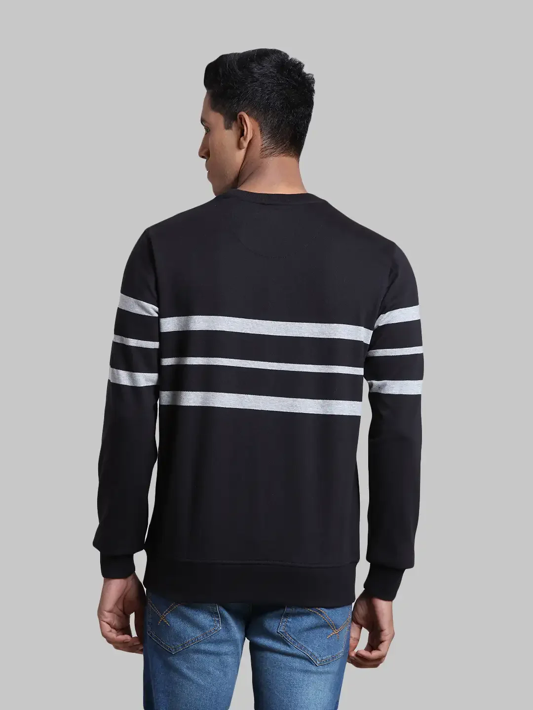 Men Black Tailored Fit Stripe Cotton Full Sleeve Round Collar Sweatshirts - Image 4