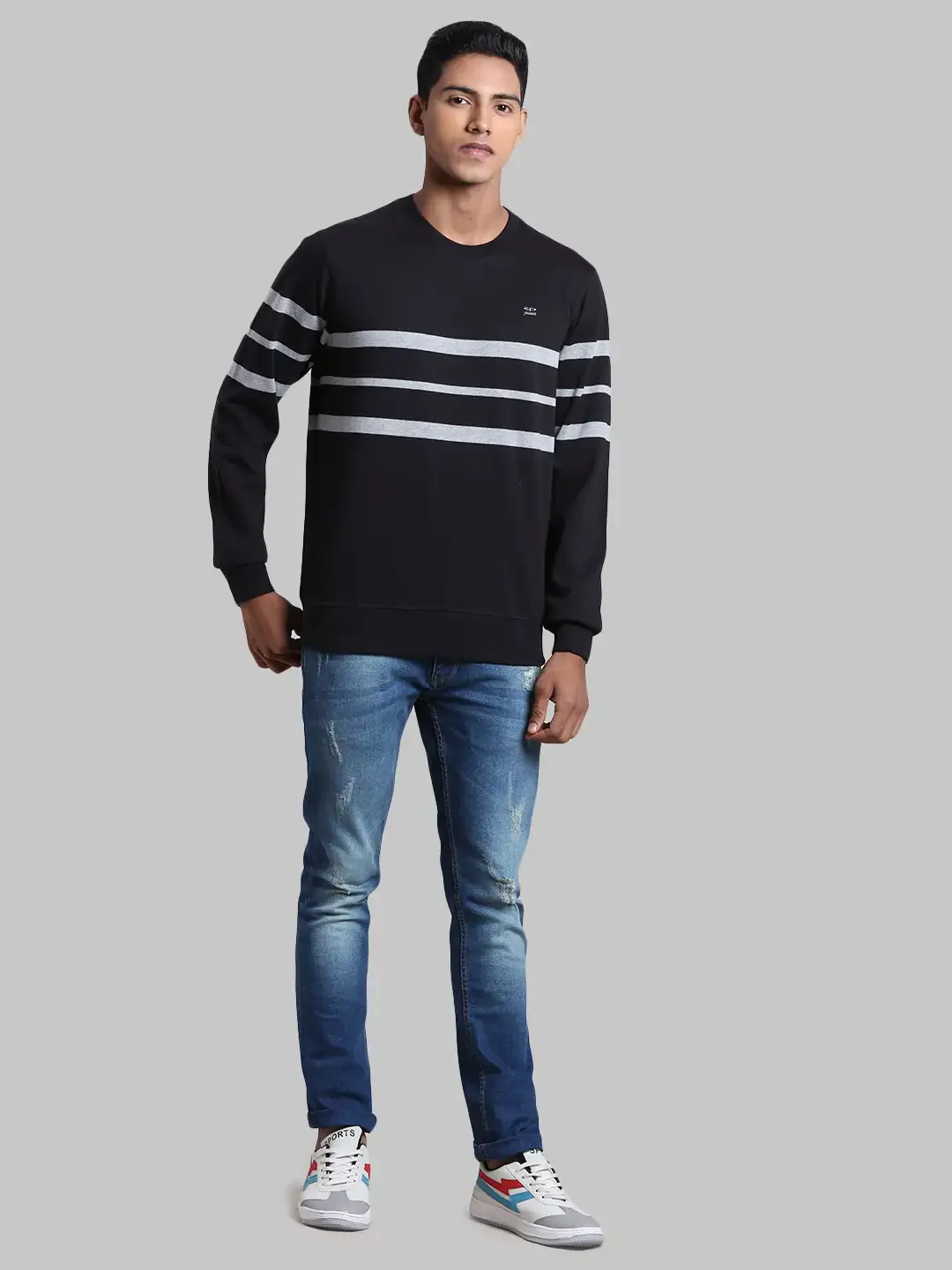 Men Black Tailored Fit Stripe Cotton Full Sleeve Round Collar Sweatshirts - Image 5