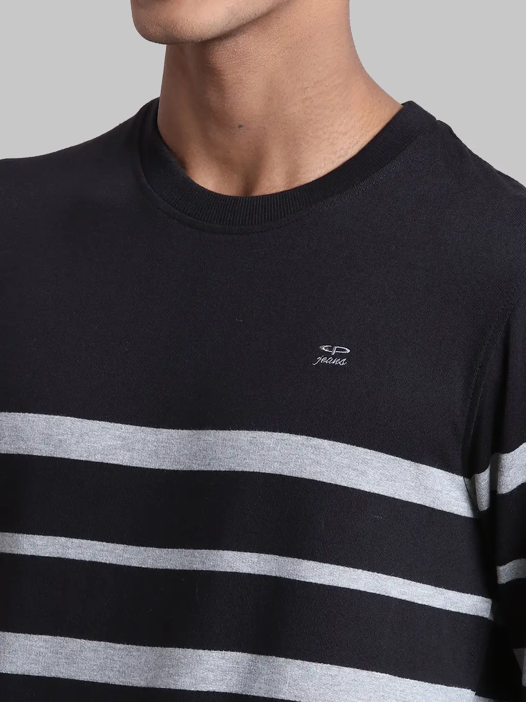 Men Black Tailored Fit Stripe Cotton Full Sleeve Round Collar Sweatshirts - Image 6