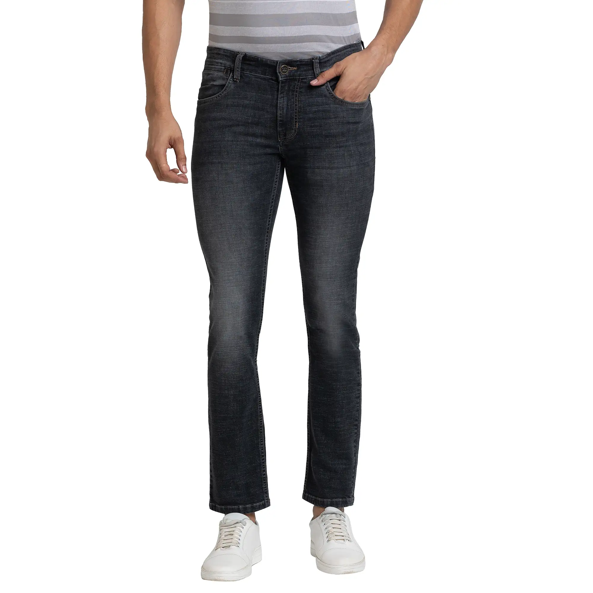 Men Black Tapered Fit Warp Chambray Cotton Blend Jeans