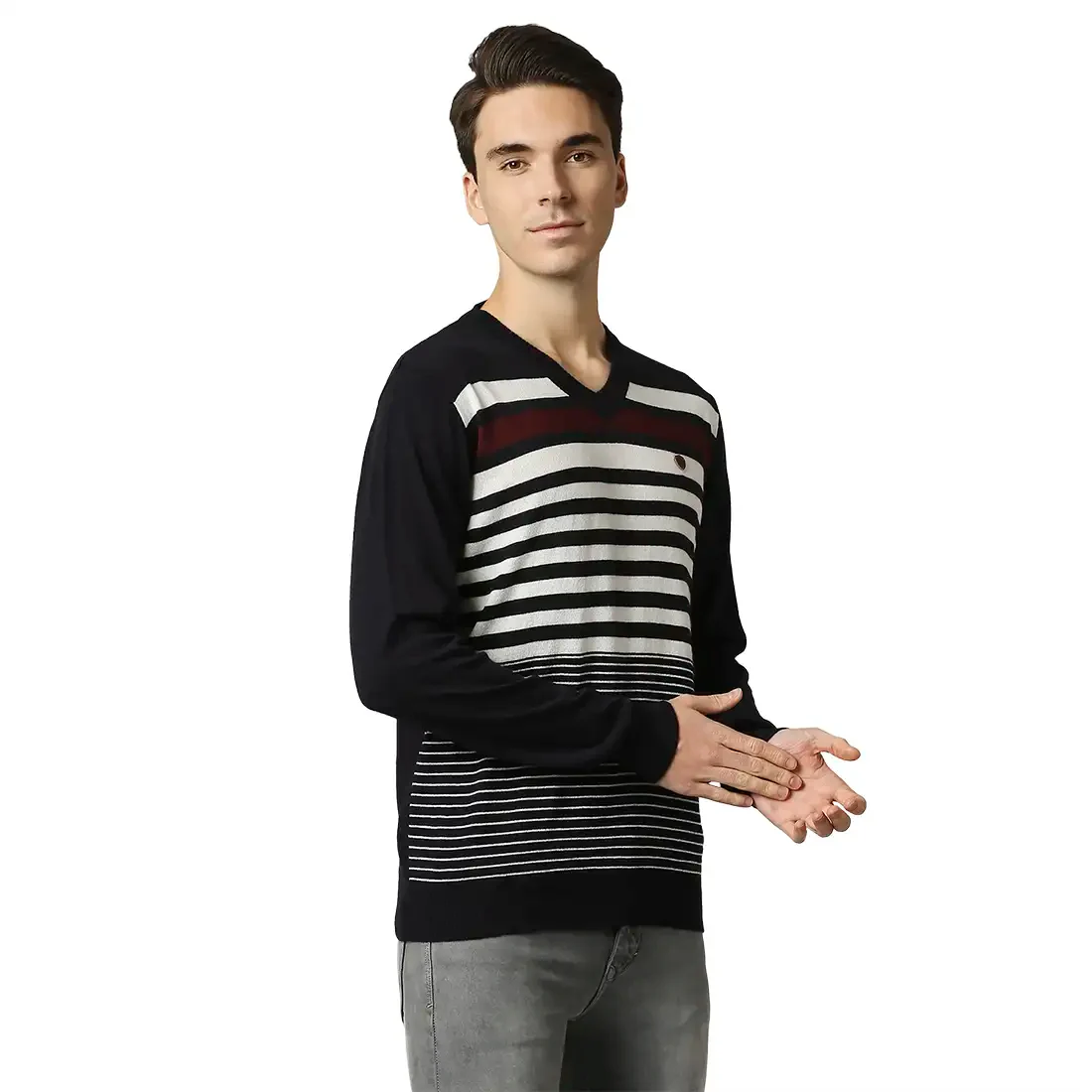 Men Blue Acrylic Wool Blend Full Sleeve V Neck Collar Sweaters - Image 2