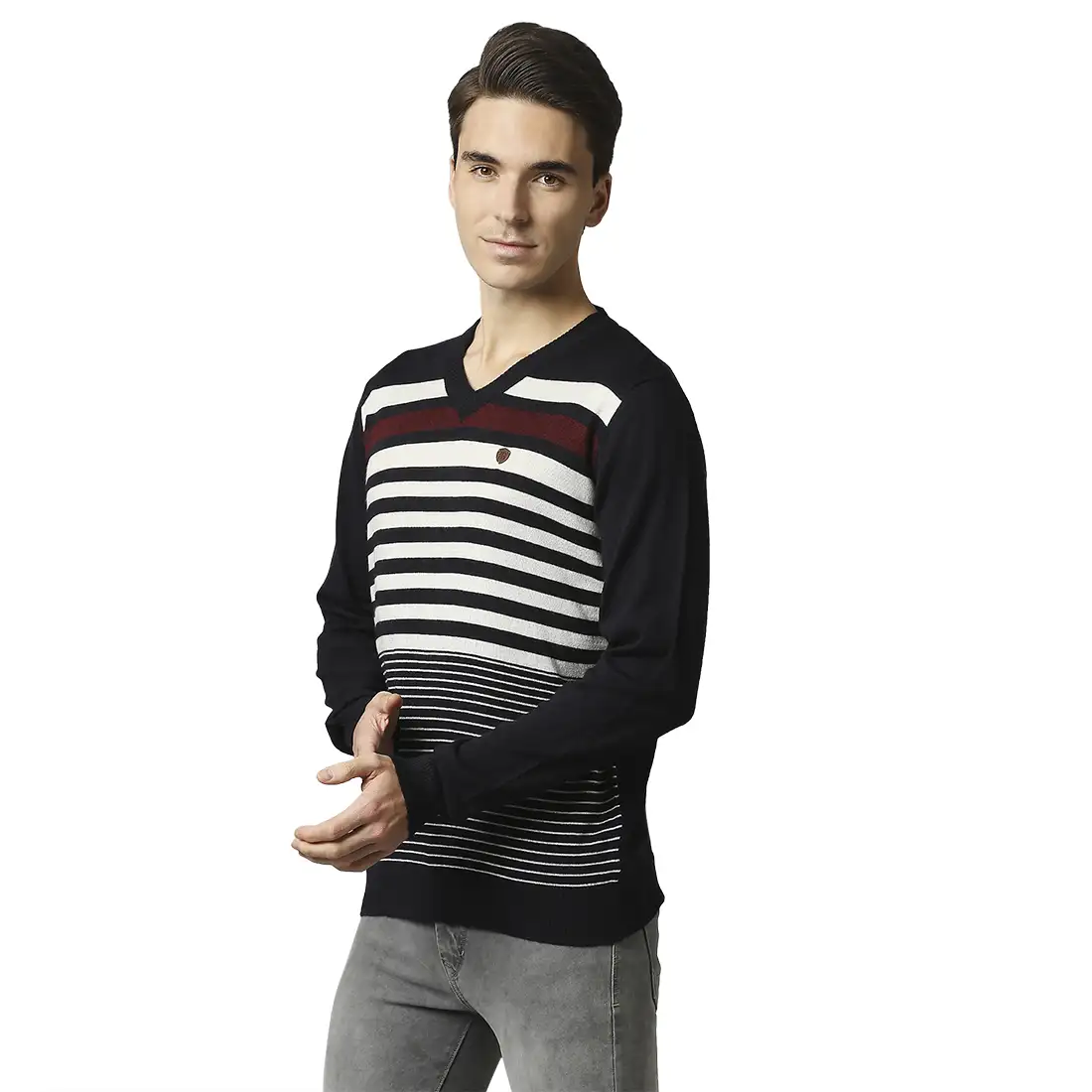 Men Blue Acrylic Wool Blend Full Sleeve V Neck Collar Sweaters - Image 3
