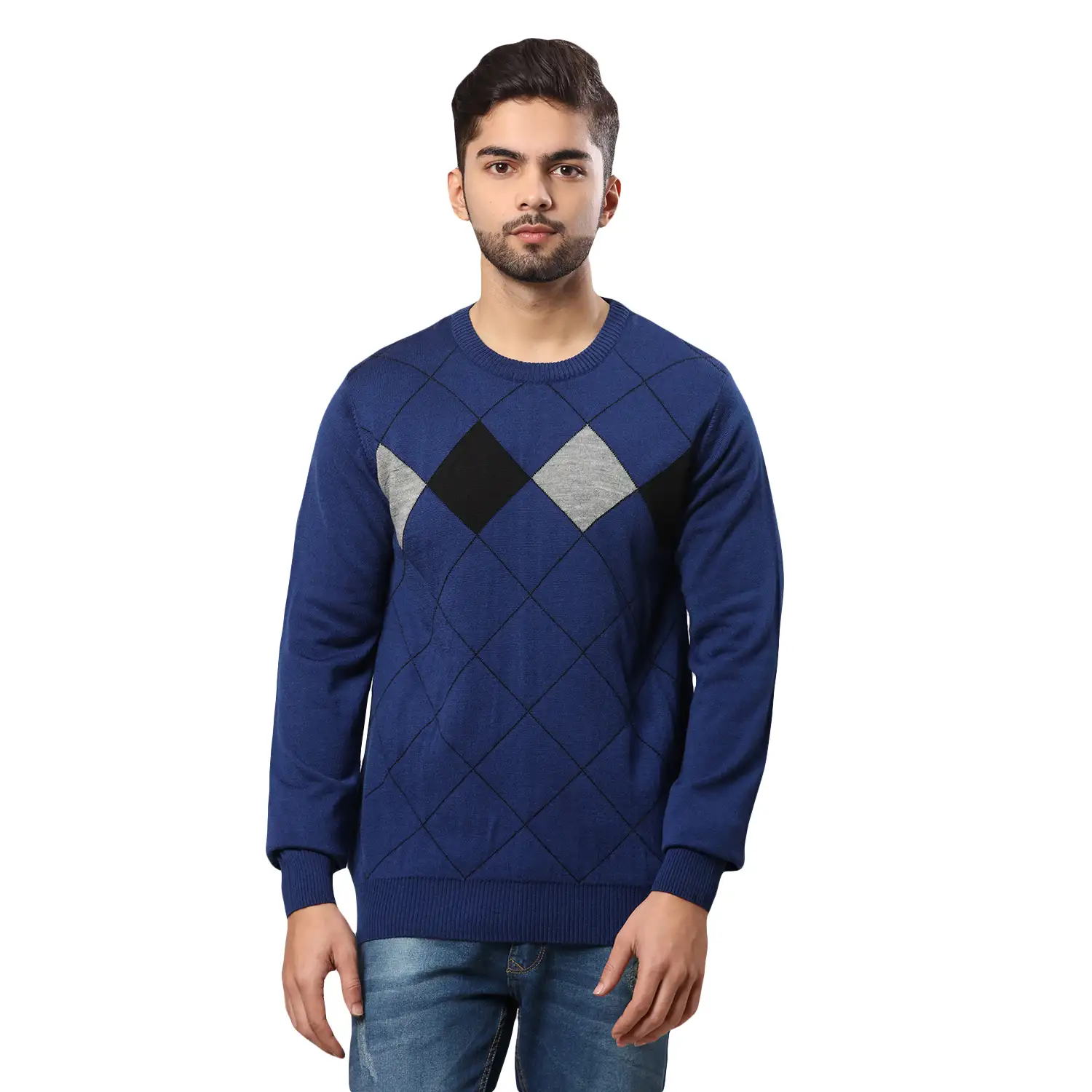 Men Blue Argyle Acrylic Wool Blend Round Collar Sweaters