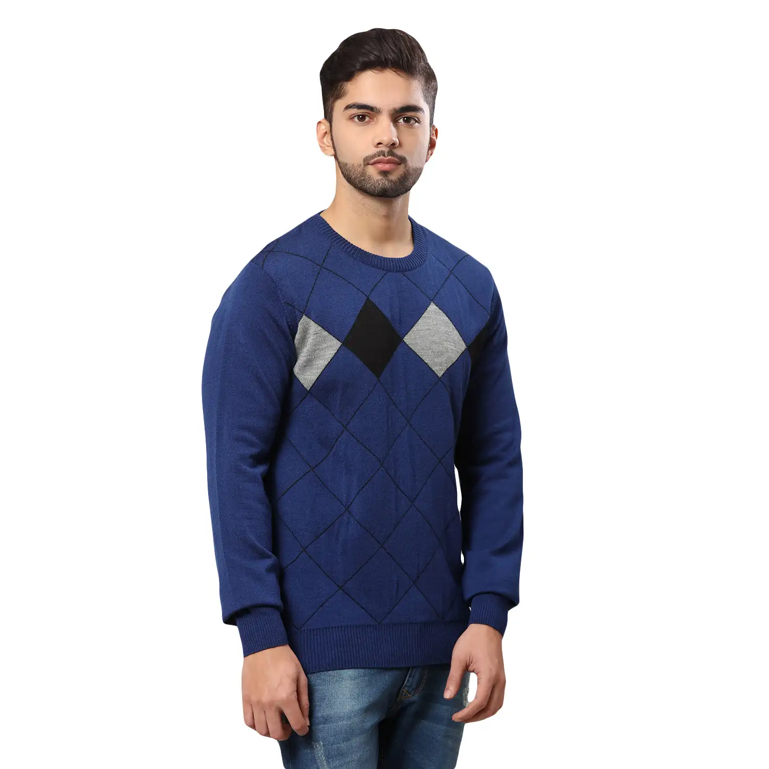 Men Blue Argyle Acrylic Wool Blend Round Collar Sweaters - Image 2