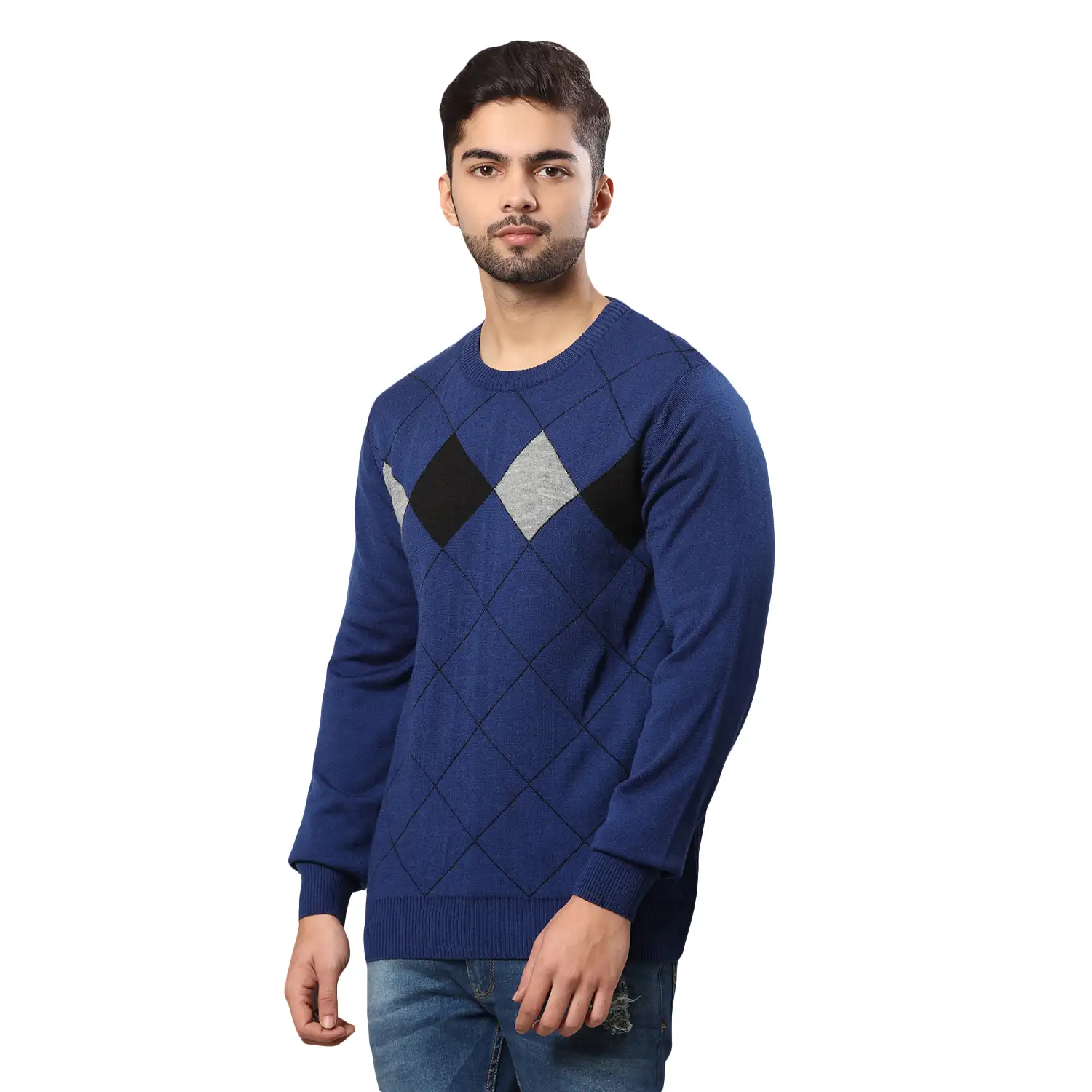 Men Blue Argyle Acrylic Wool Blend Round Collar Sweaters - Image 3