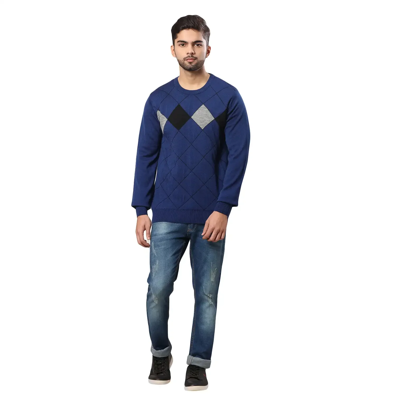 Men Blue Argyle Acrylic Wool Blend Round Collar Sweaters - Image 5