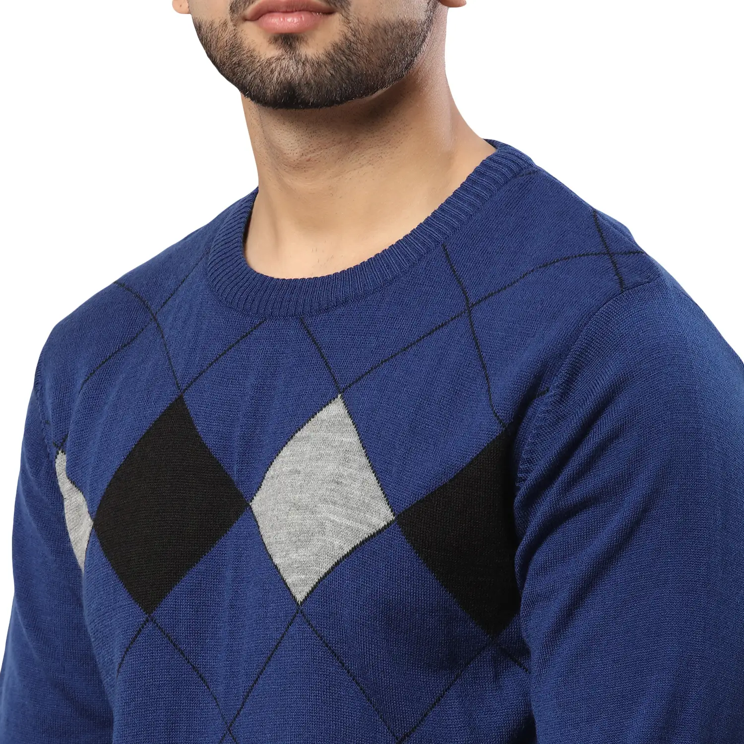Men Blue Argyle Acrylic Wool Blend Round Collar Sweaters - Image 6