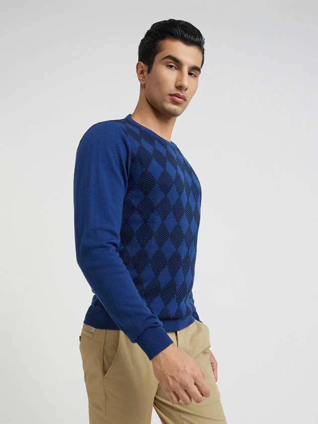 Men Blue Argyle Acrylic Wool Blend Round Collar Sweaters - Image 2