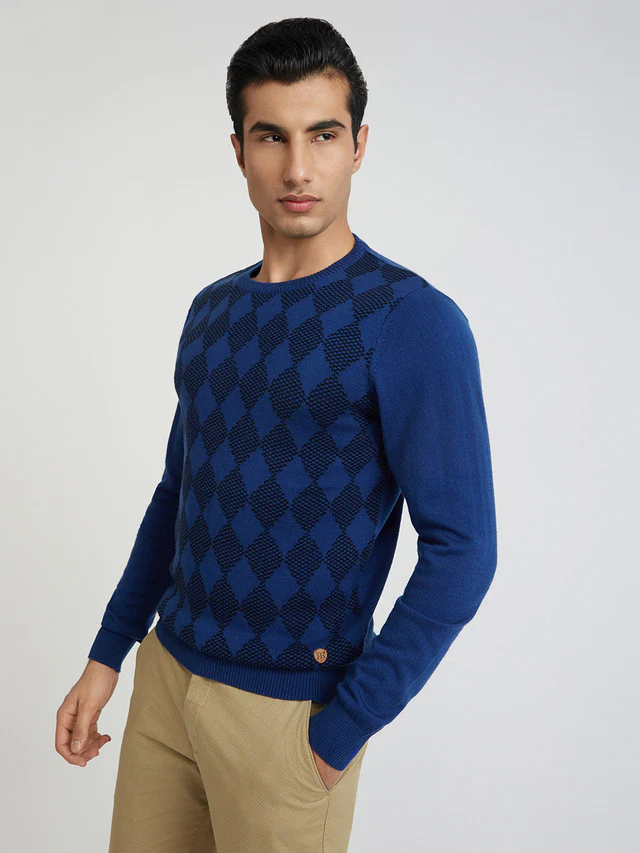 Men Blue Argyle Acrylic Wool Blend Round Collar Sweaters - Image 3