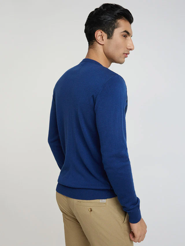 Men Blue Argyle Acrylic Wool Blend Round Collar Sweaters - Image 4