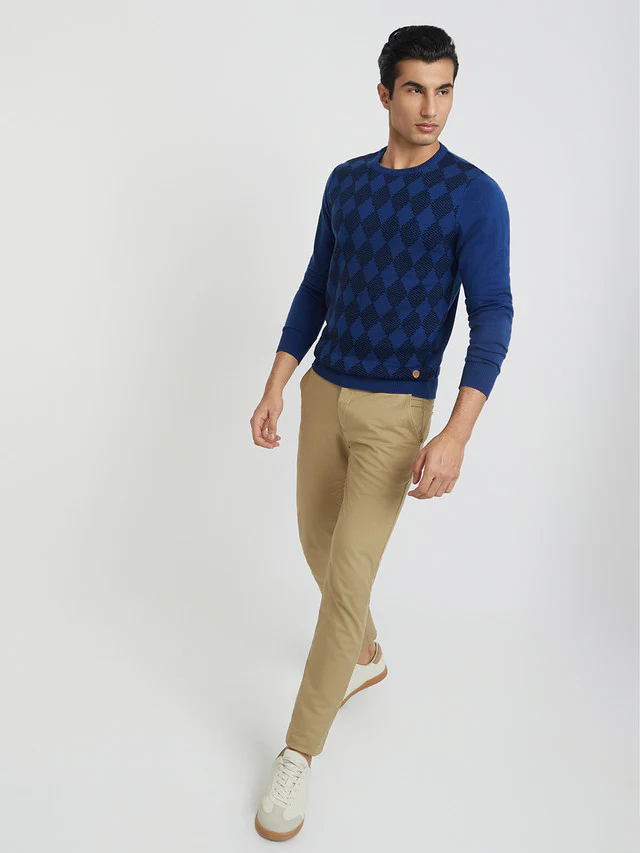Men Blue Argyle Acrylic Wool Blend Round Collar Sweaters - Image 5