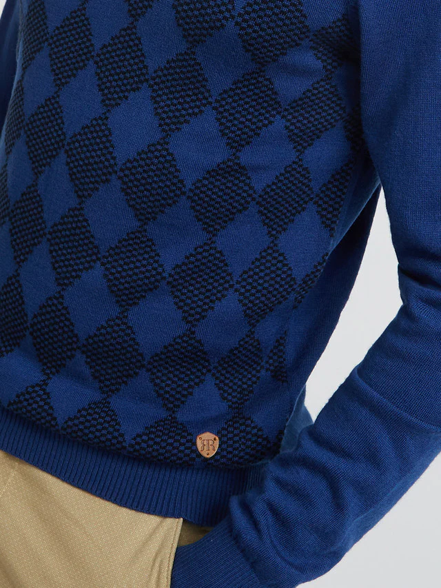Men Blue Argyle Acrylic Wool Blend Round Collar Sweaters - Image 7