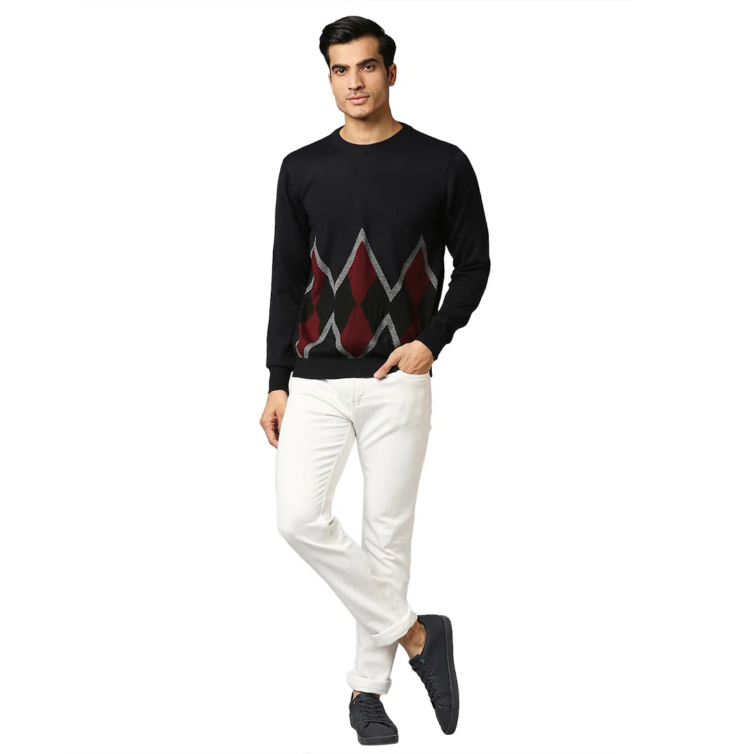 Men Blue Argyle Acrylic Wool Blend Round Collar Sweaters - Image 5