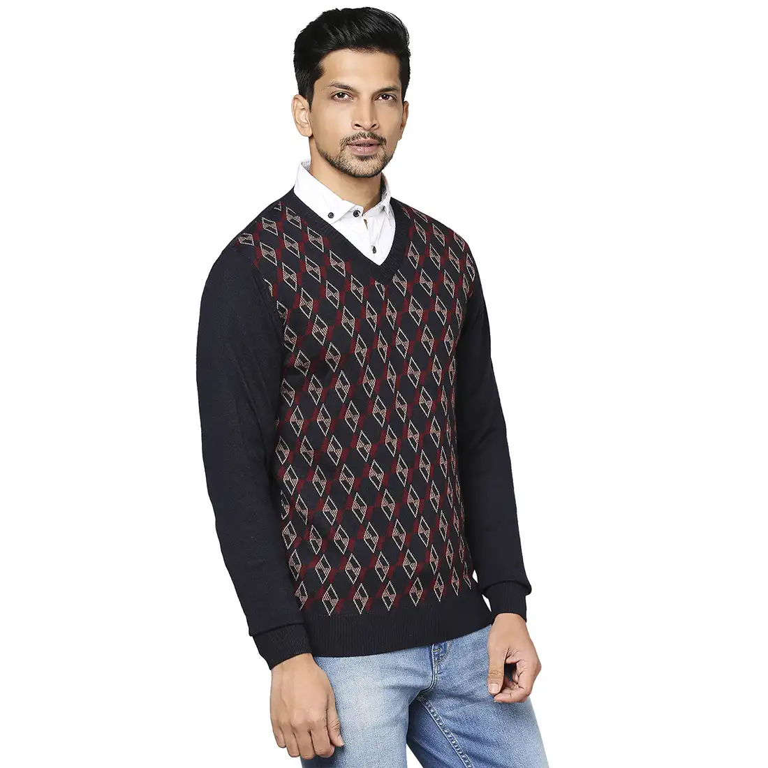 Men Blue Argyle Wool Blend Full Sleeve V Neck Collar Sweaters - Image 2