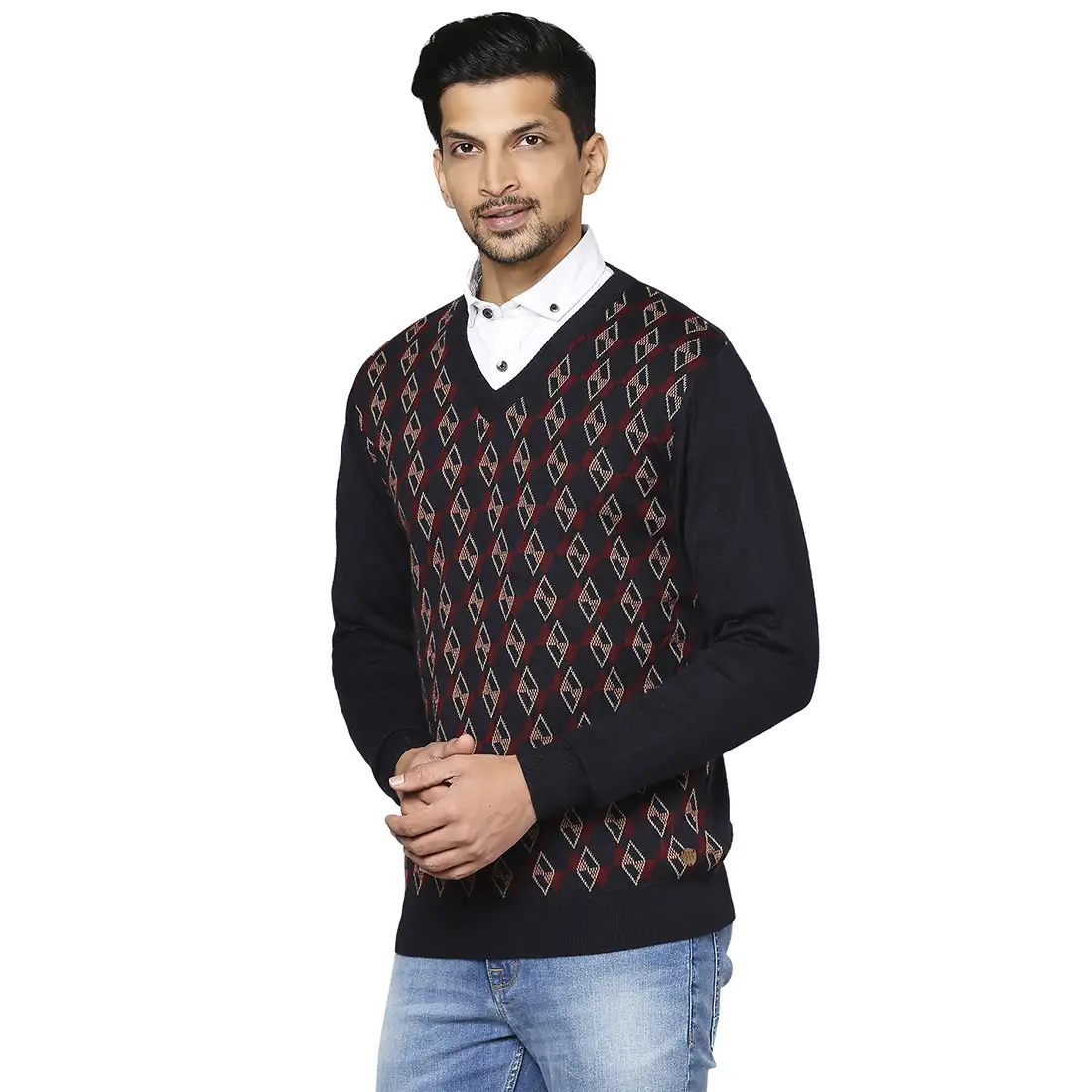 Men Blue Argyle Wool Blend Full Sleeve V Neck Collar Sweaters - Image 3