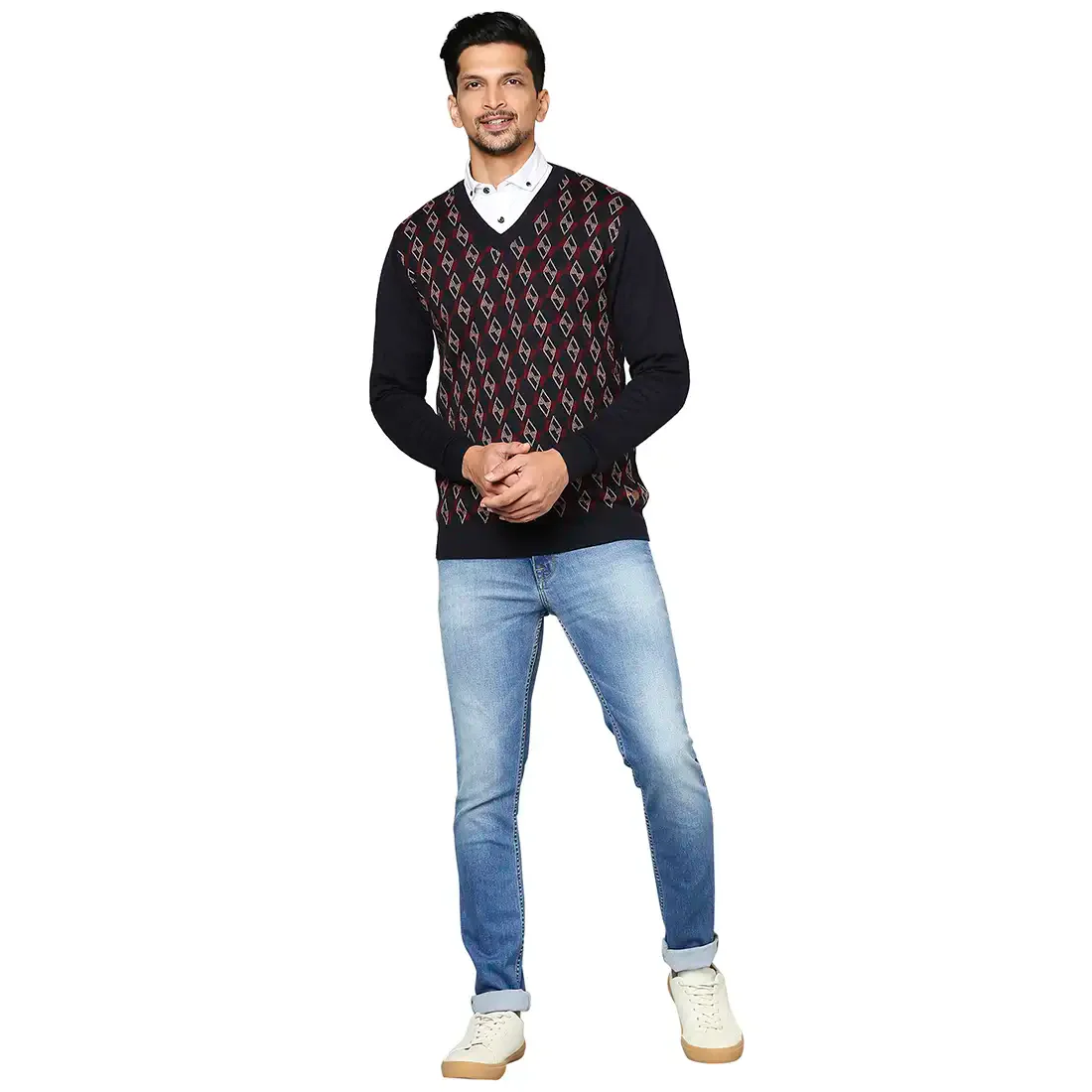 Men Blue Argyle Wool Blend Full Sleeve V Neck Collar Sweaters - Image 5