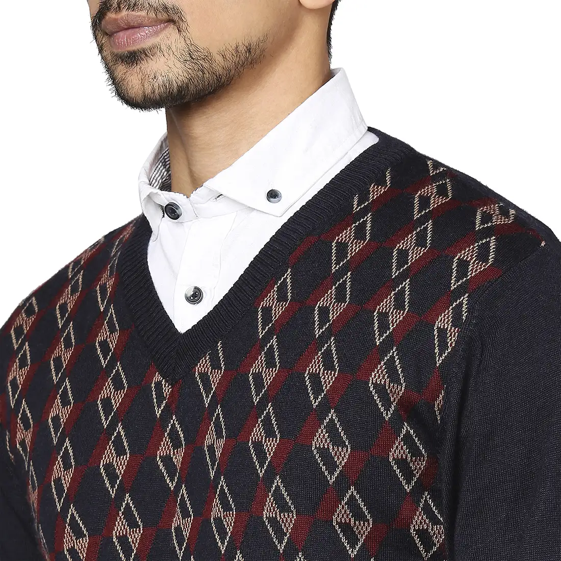 Men Blue Argyle Wool Blend Full Sleeve V Neck Collar Sweaters - Image 6