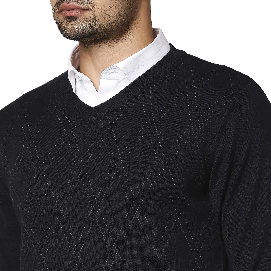 Men Blue Argyle Wool Blend Full Sleeve V Neck Collar Sweaters - Image 6