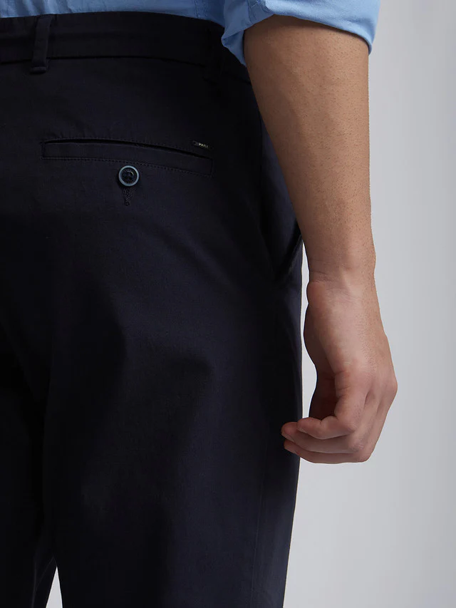 Men Blue Carrot Fit Solid Cotton Blend Trouser - Image 7