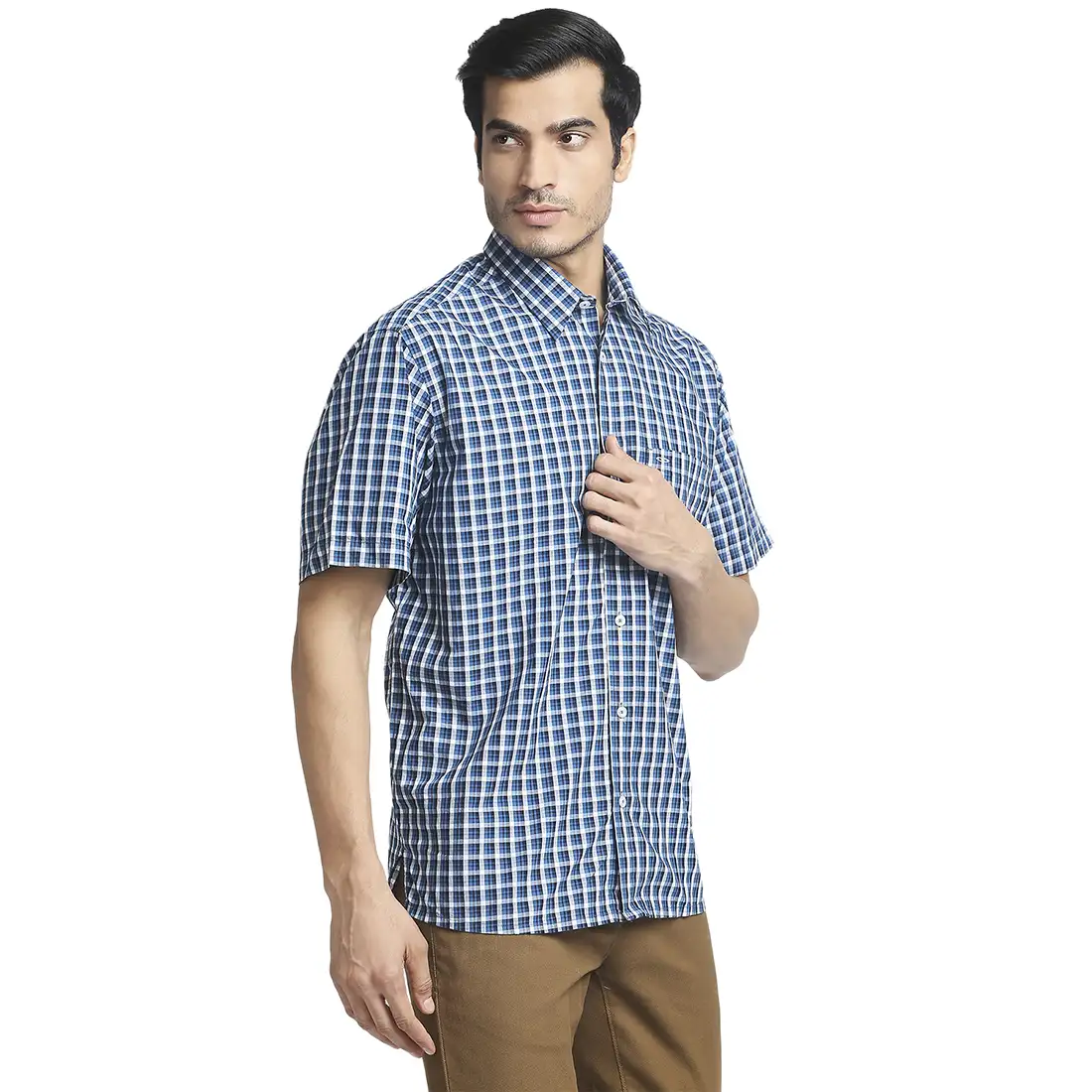 Men Blue Classic Fit Checks Cotton Half Sleeve Shirts - Image 2