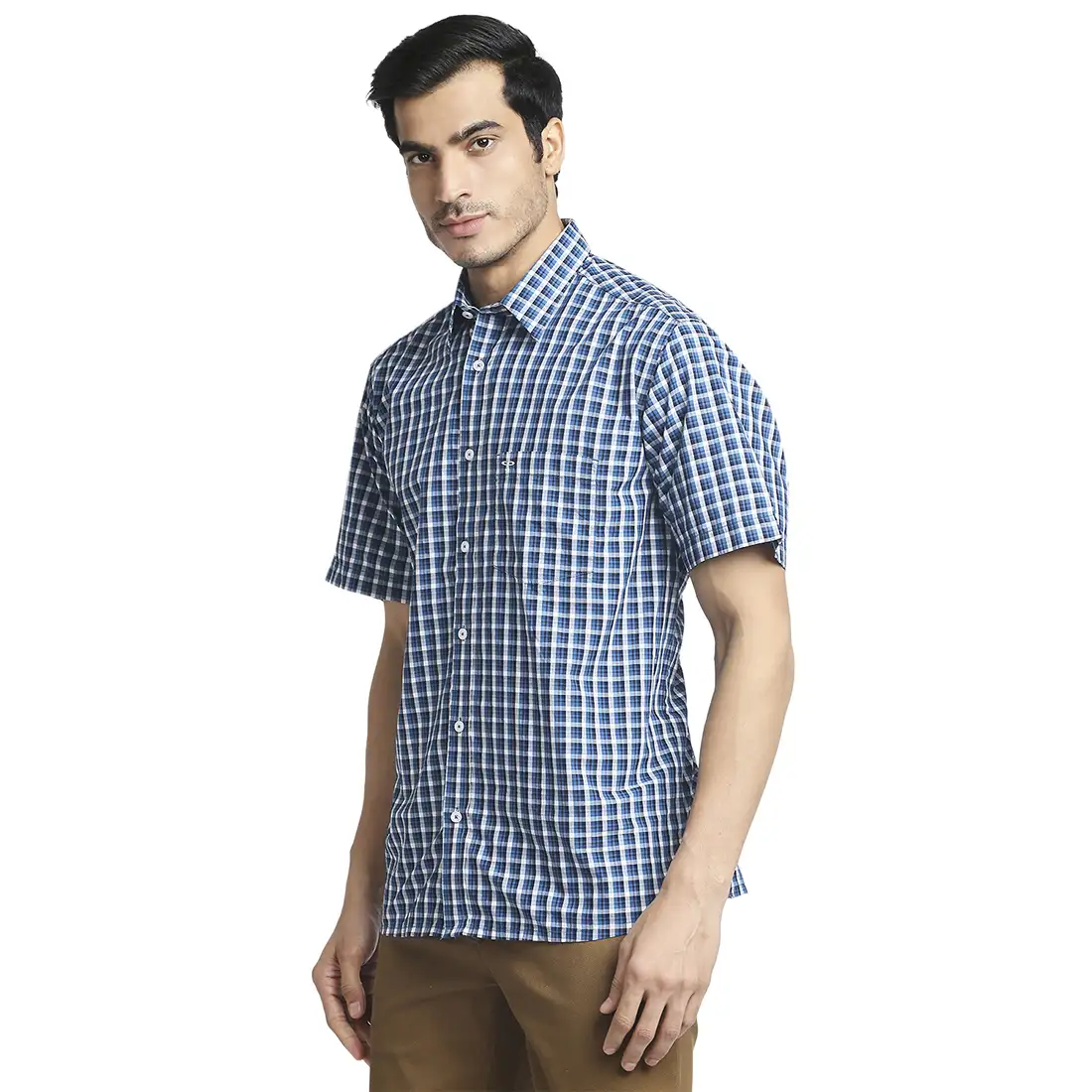 Men Blue Classic Fit Checks Cotton Half Sleeve Shirts - Image 3