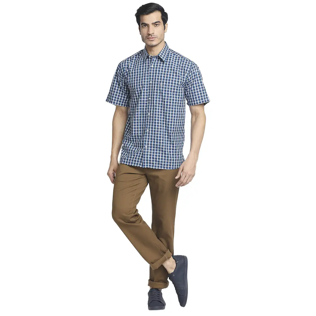 Men Blue Classic Fit Checks Cotton Half Sleeve Shirts - Image 5